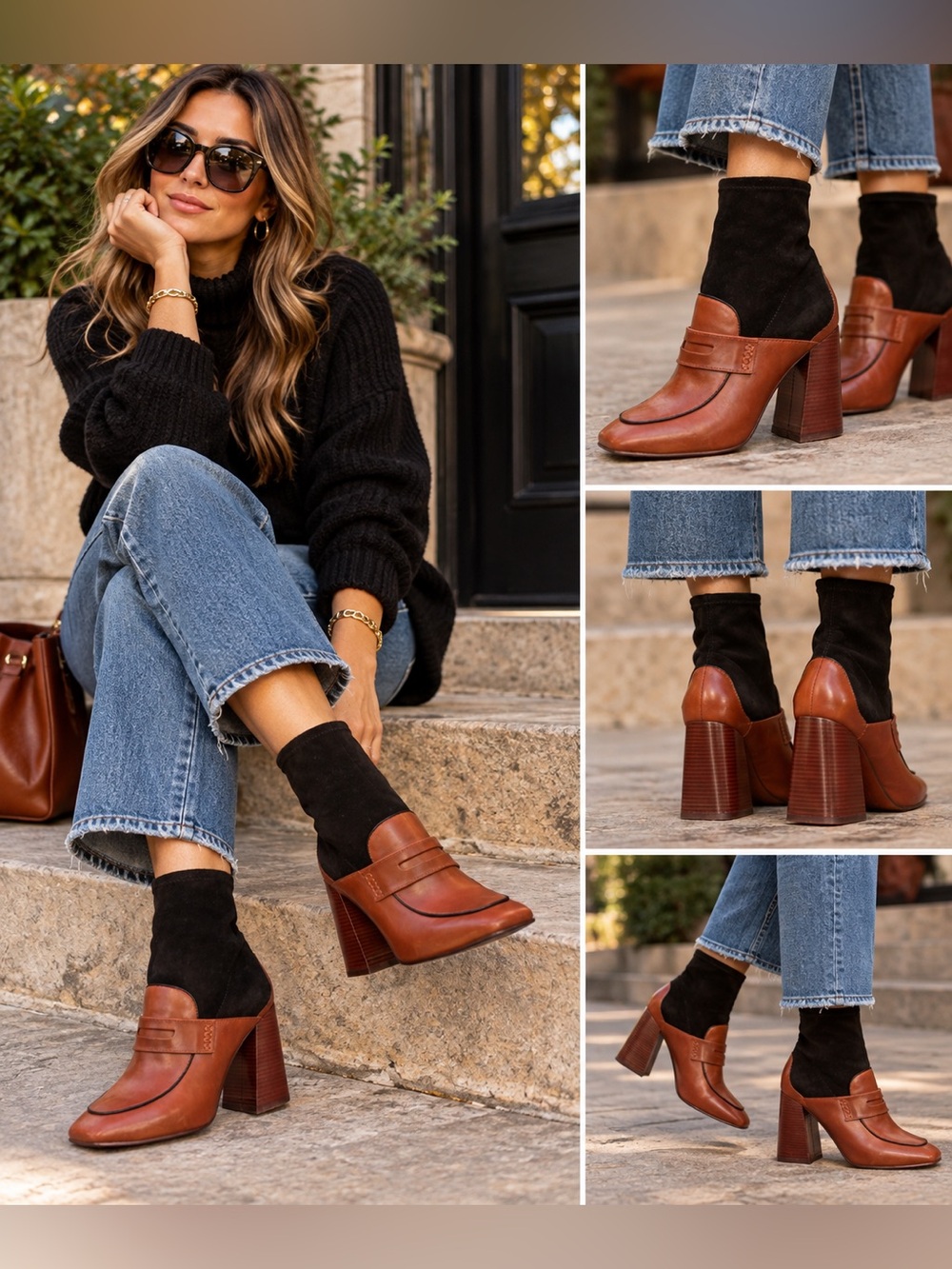 Louise et Cie Brown Leather and Black Suede Ankle Boots 8 M - Sock Bootie, Izel
